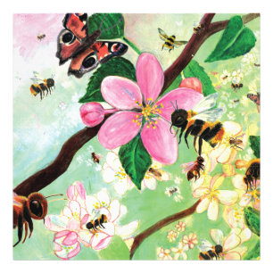 Blossoma Träd med Bees Wood Photo Print Fototryck