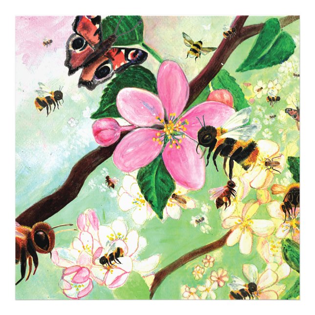 Blossoma Träd med Bees Wood Photo Print Fototryck (Framsidan)