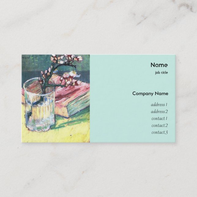 Blossomalmond gren i ett glas med bok visitkort (Framsida)