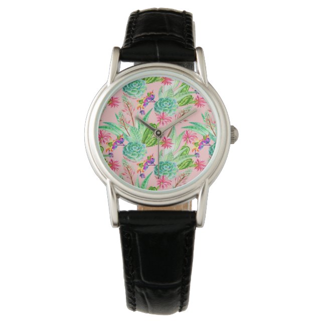 Blossomerande vattenfärgssucculents Mönster Armbandsur (Framsida)