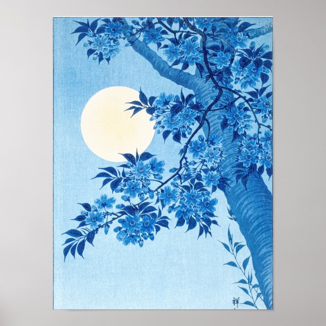 Blossoming Cherry Moonlit Night Ohara Koson Blue12 Poster (Framsidan)