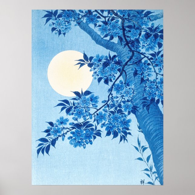 Blossoming Cherry Moonlit Night Ohara Koson Blue18 Poster (Framsidan)