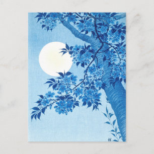 Blossoming Cherry Moonlit Night Ohara Koson Blue Vykort