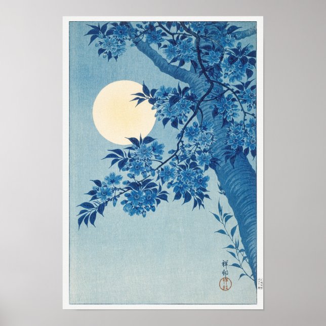 Blossoming Cherry on a Moonlit Night by Ohara Koso Poster (Framsidan)