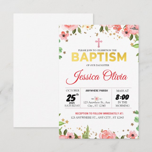 Blossoming Faith: Rosa Blommigt Baptism-inbjudan Inbjudningar (Fram/baksida)