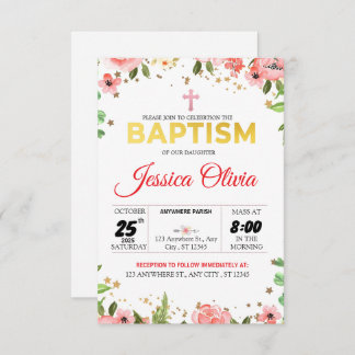Blossoming Faith: Rosa Blommigt Baptism-inbjudan Inbjudningar