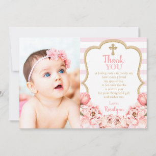 Blossoming Peonies Rosa och Guld Baptism Tack Kort