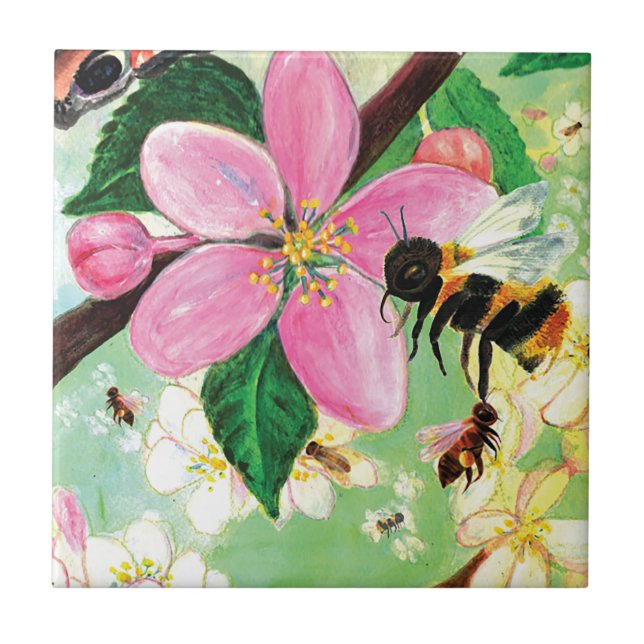 Blossoming Träd med Bees Illustration Kakelplatta (Framsidan)