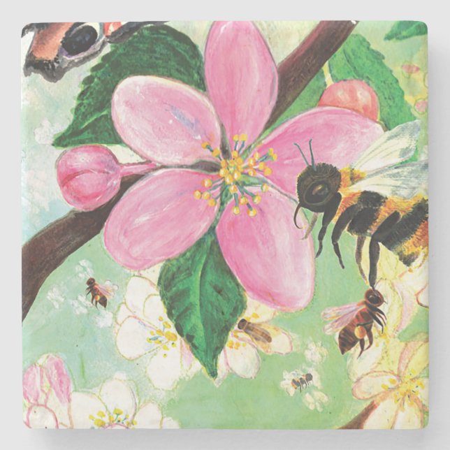 Blossoming Träd med Bees Illustration Stenunderlägg (Framsidan)