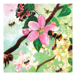 Blossoming Träd med Bees Wood Fototryck