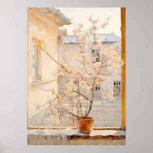 Blossoming Träd på en fönsterfyllning Poster