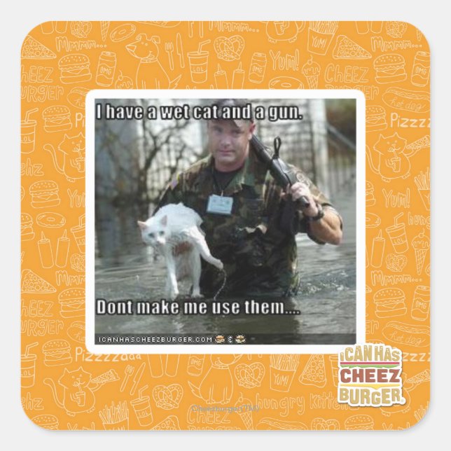 Blöt, katt och pistol fyrkantigt klistermärke (Framsida)