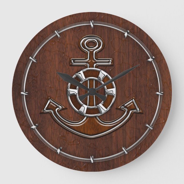 Blöt Nautical Mahogany Anchor Steel Stor Klocka (Framsida)