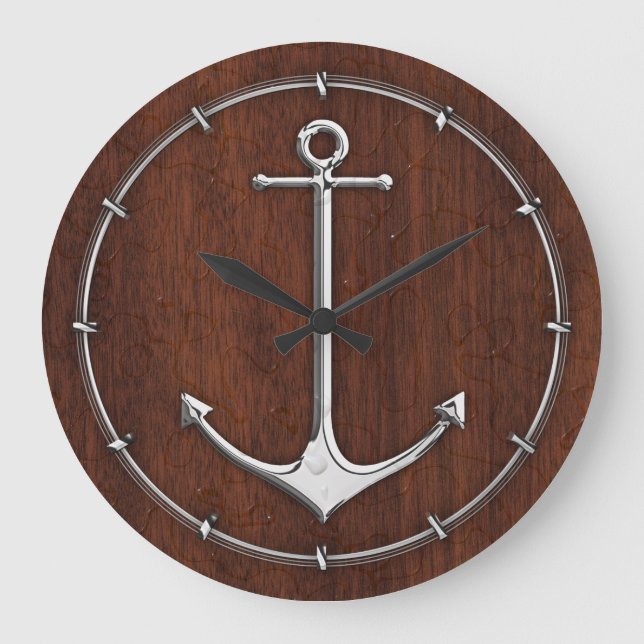 Blöt Nautical Mahogany Anchor Steel Stor Klocka (Framsida)