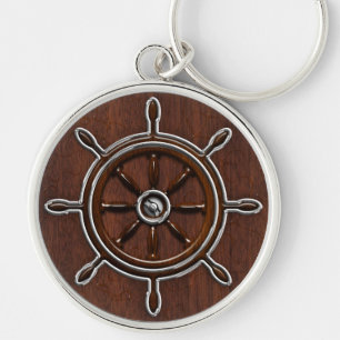 Blöt Nautical Mahogany Nautical Wheel Rund Silverfärgad Nyckelring