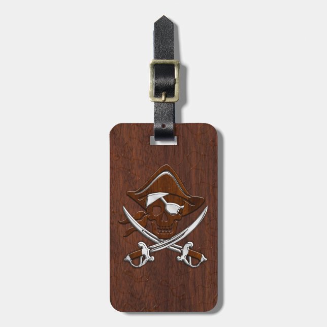 Blöt Nautical Mahogany Pirat Skull Steel Bagagebricka (Vertikal Framsida)