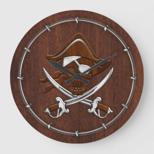 Blöt Nautical Mahogany Pirat Skull Steel Stor Klocka