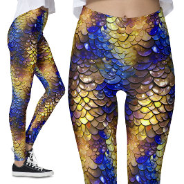 Blöt Se blå Guld-skalor Fantasy Dragon-Sjöjungfru Leggings