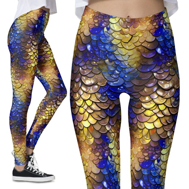 Blöt Se blå Guld-skalor Fantasy Dragon-Sjöjungfru Leggings (Skapare uppladdad)