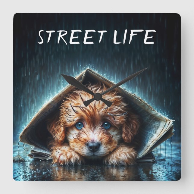 Blöt-valp under tidningsskydd fyrkantig klocka (Framsida)