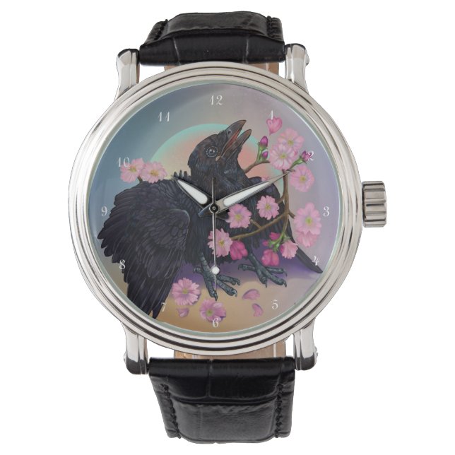 Blötande Kråka med äppelblommar Armbandsur (Framsida)
