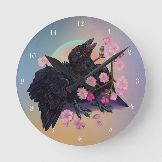 Blötande Kråka med äppelblommar Rund Klocka (Framsida)