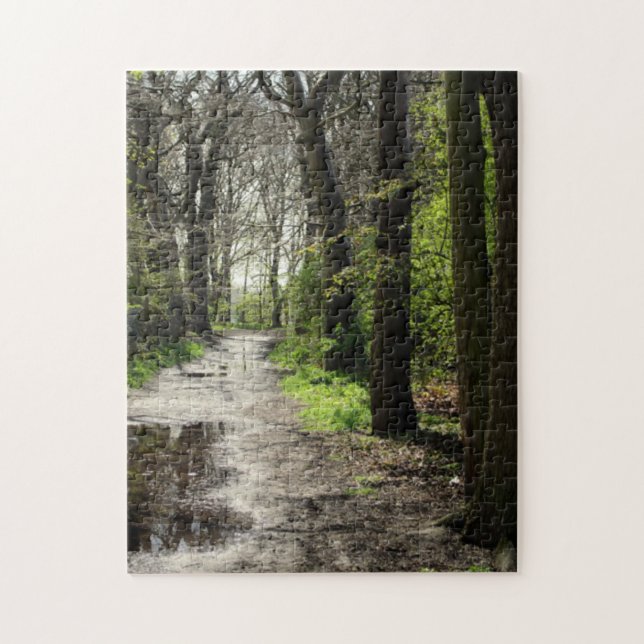 Blöten regnar pölvägen i Moss täckt trädskog Pussel (Vertikal)