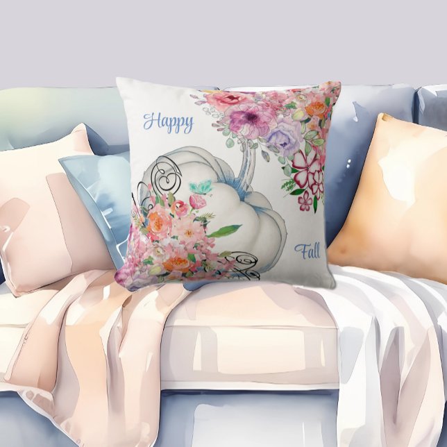 Blötningar av Blommigt av vattenfärg för lycklig-b Kudde (Happy Fall White Pumpkin Watercolor Floral Blooms Throw Pillow)