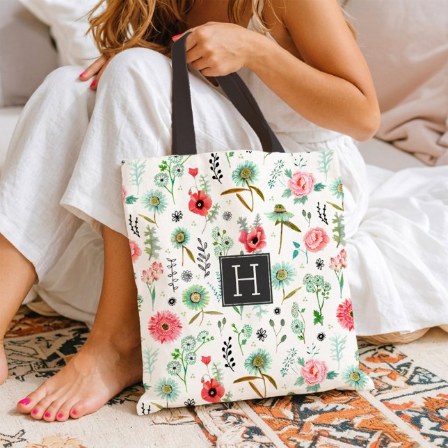 Blötsk mjuk Blommigt av rosa, vilda blommor Mönste Tygkasse (Wildflower Pattern Monogram Botanical Market Tote Bag)