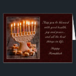 Blsed Menorah Hälsningskort<br><div class="desc">det här vackra Hanukkah-kortet med dina vänner och din familj för att fira julhelgen.</div>