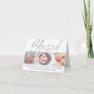 "Blsed" Silver Foil 3 Photo Birth Notice Helgkort