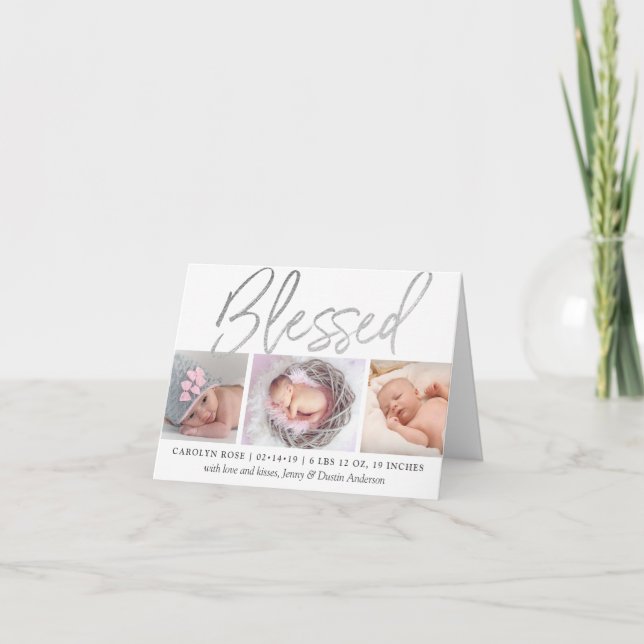 "Blsed" Silver Foil 3 Photo Birth Notice Helgkort (Framsida)