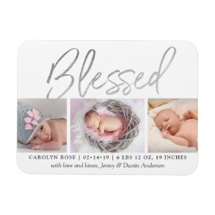 "Blsed" Silver Foil 3 Photo Birth Notice Magnet