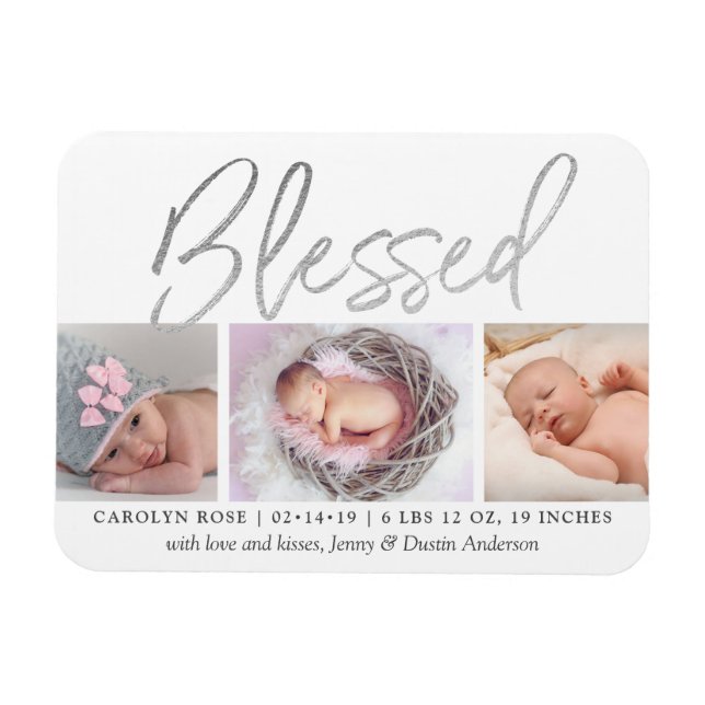 "Blsed" Silver Foil 3 Photo Birth Notice Magnet (Horisontell)