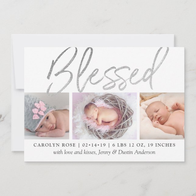 "Blsed" Silver Foil 3 Photo Birth Notice Meddelande (Framsida)