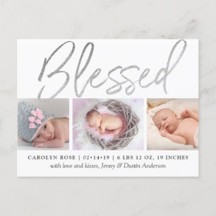 "Blsed" Silver Foil 3 Photo Birth Notice Meddelande Vykort