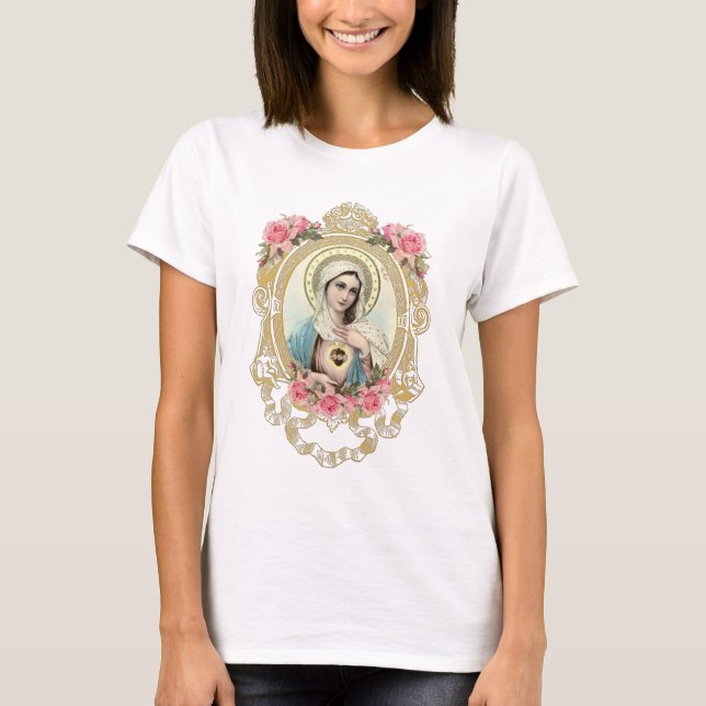 Blsed Virgin Mary Blommigt Ro Catholik T-Shirt (Framsida)