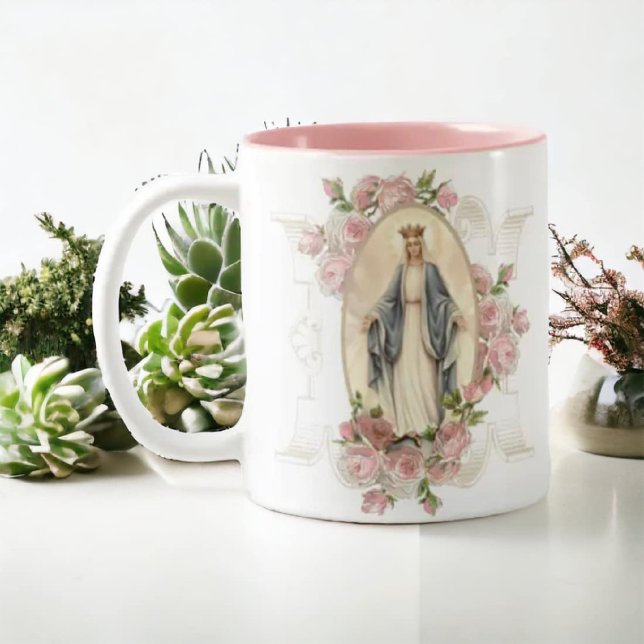 Blsed Virgin Mary Flowers Memorare Prayer Två-Tonad Mugg (Skapare uppladdad)