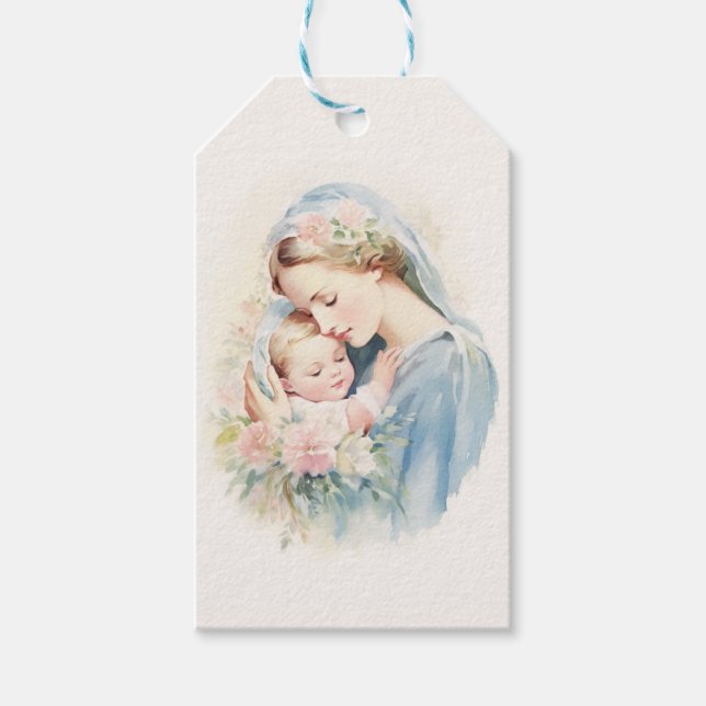 Blsed Virgin Mary Jesus Floral Religious Presentetikett (Framsidan)