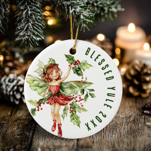Blsed Yule Winter Solstice Holly Fairy Wicca Julgransprydnad Keramik