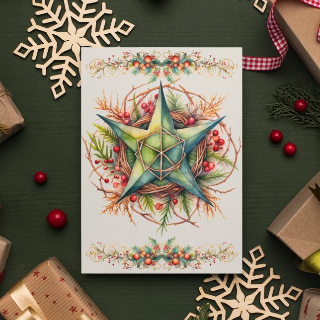 Blsed Yule Winter Solstice Pentacle Holly Berry Helgkort (Skapare uppladdad)