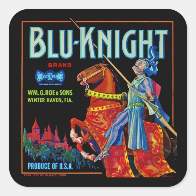 Blu Knight Fruit Label Fyrkantigt Klistermärke (Framsida)