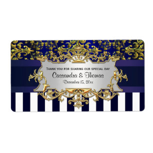Blu Wht Rand, Blu Gld Damask H Vin Flaska-etikett Fraktsedel