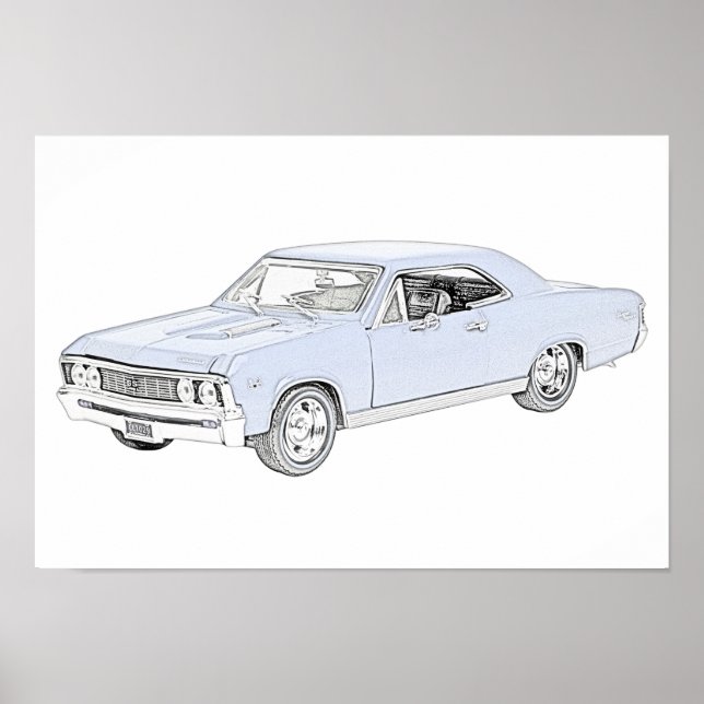 Blue 1967 Chevy Chevelle Pencil Stil Teckning Poster (Framsidan)