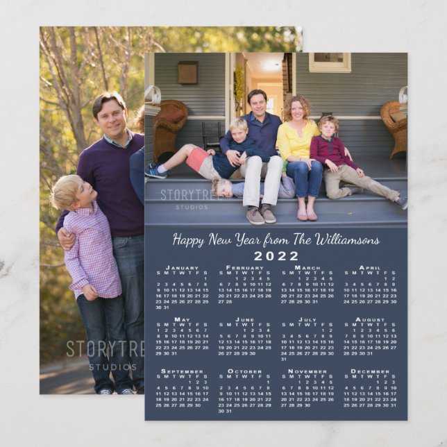 Blue 2022 Calendar 2 Anpassningsbar Foton Gott nyt Julkort (Fram/baksida)