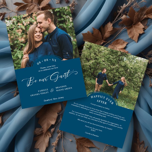 Blue 2 Photos Minimalist Be our Guest Quote  Spara Datumet (Blue 2 Photos Minimalist Be our Guest Quote Save the Date Card.)