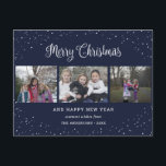 Blue 3 Photo Collage Calligraphy Helg Vykort<br><div class="desc">Anpassningsbarnas blå fotopapport med en fotokollage och en vacker handskript med stjärnor och grön stil. Anpassa enkelt det blå God jul-vykortet med bilder,  text,  år och familj namn. Du kan också ändra bakgrund och teckensnitt till valfri färg.</div>