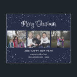 Blue 3 Photo Collage Calligraphy Helg Vykort<br><div class="desc">Anpassningsbarnas blå fotopapport med en fotokollage och en vacker handskript med stjärnor och grön stil. Anpassa enkelt det blå God jul-vykortet med bilder,  text,  år och familj namn. Du kan också ändra bakgrund och teckensnitt till valfri färg.</div>