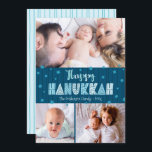 Blue 3 Photo Lycklig Hanukkah Modern Roligt Typogr Julkort<br><div class="desc">"Lycklig Hanukkah." Roligt, lekfull, vismisk, handgjord typografi tillsammans med en slumpmässig stjärna av David mönster i dammig blå, allt som överlägger midnattsflottblått hand plockade linjer på mörkens tårblått, tillsammans med tre foton av ditt val, hjälper dig att gå in i Hanukkah. Hand plockade-turkos linjer täcker över en ljusblå akrablåbakgrund på...</div>