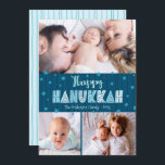 Blue 3 Photo Lycklig Hanukkah Modern Roligt Typogr Julkort<br><div class="desc">"Lycklig Hanukkah." Roligt, lekfull, vismisk, handgjord typografi tillsammans med en slumpmässig stjärna av David mönster i dammig blå, allt som överlägger midnattsflottblått hand plockade linjer på mörkens tårblått, tillsammans med tre foton av ditt val, hjälper dig att gå in i Hanukkah. Hand plockade-turkos linjer täcker över en ljusblå akrablåbakgrund på...</div>